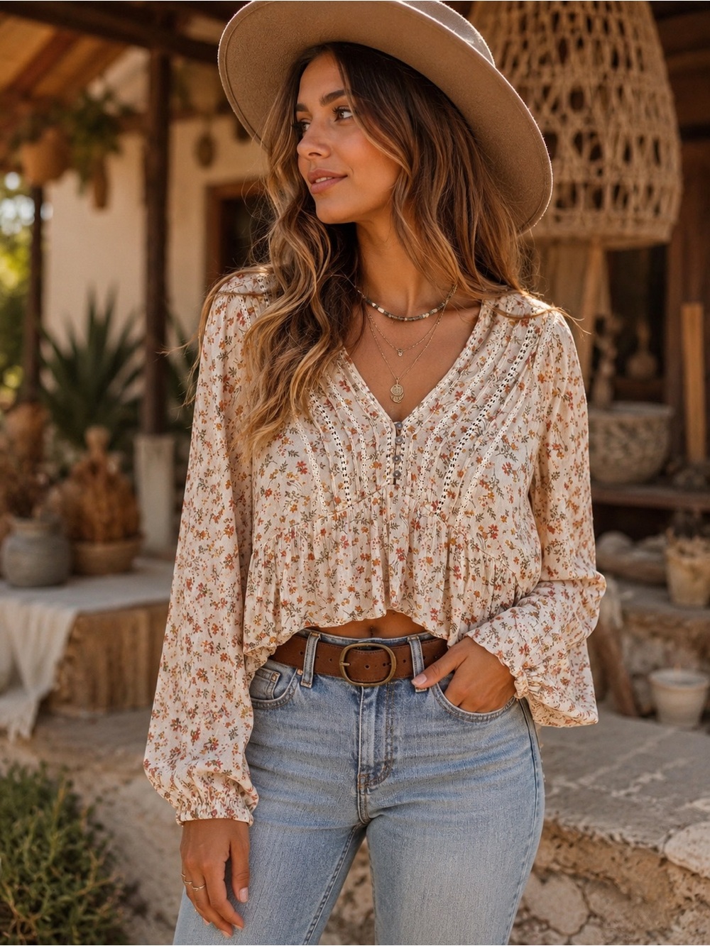 Together Cream Floral V-Neck Peasant Blouse